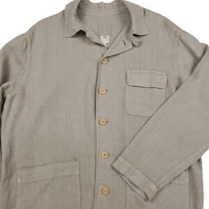 120% Lino Italy‎ Linen Utility Chore Coat Jacket Sz L Beige Boho Lagenlook Artsy